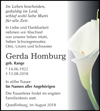 Traueranzeige von Gerda Homburg von Mitteldeutsche Zeitung Quedlinburg