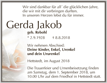 Traueranzeige von Gerda Jakob von Wochenspiegel Mansfelder Land