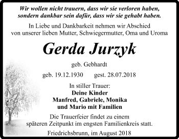 Traueranzeige von Gerda Jurzyk von Mitteldeutsche Zeitung Quedlinburg