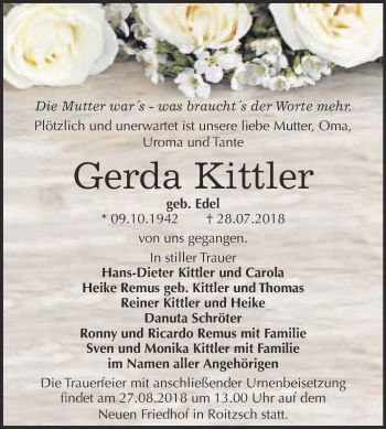 Traueranzeige von Gerda Kittler von WVG - Wochenspiegel Bitterfeld