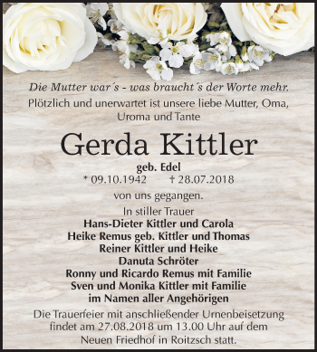 Traueranzeige von Gerda Kittler von Mitteldeutsche Zeitung Bitterfeld