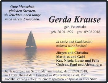 Traueranzeige von Gerda Krause von Mitteldeutsche Zeitung Quedlinburg