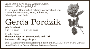 Traueranzeige von Gerda Pordzik von WVG - Wochenspiegel Dessau / Köthen