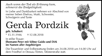 Traueranzeige von Gerda Pordzik von Mitteldeutsche Zeitung