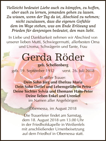 Traueranzeige von Gerda Röder von WVG - Wochenspiegel NMB / WSF / ZTZ