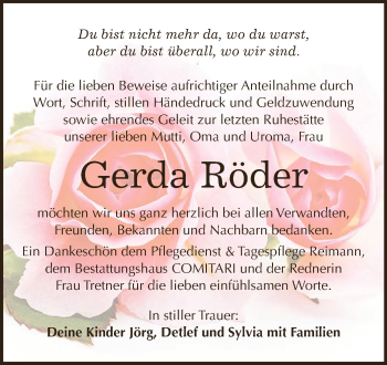 Traueranzeige von Gerda Röder von WVG - Wochenspiegel NMB / WSF / ZTZ