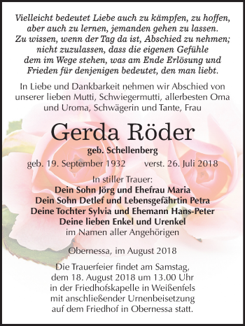 Traueranzeige von Gerda Röder von Mitteldeutsche Zeitung Weißenfels