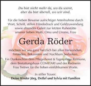 Traueranzeige von Gerda Röder von Mitteldeutsche Zeitung Weißenfels
