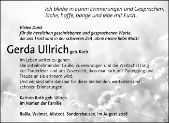 Traueranzeige von Gerda Ullrich von Mitteldeutsche Zeitung Sangerhausen