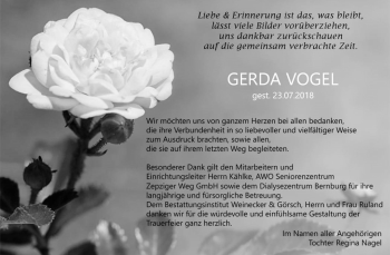 Traueranzeige von Gerda Vogel von Mitteldeutsche Zeitung Bernburg