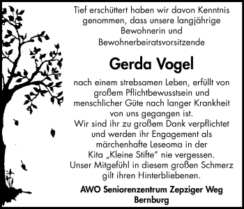 Traueranzeige von Gerda Vogel von Mitteldeutsche Zeitung