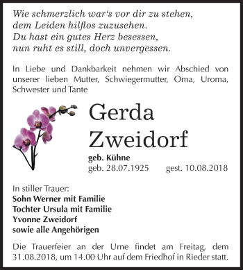 Traueranzeige von Gerda Zweidorf von Mitteldeutsche Zeitung Quedlinburg