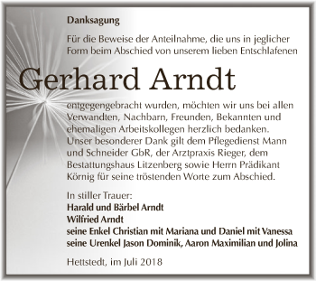 Traueranzeige von Gerhard Arndt von Wochenspiegel Mansfelder Land