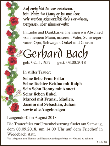 Traueranzeige von Gerhard Bach von WVG - Wochenspiegel NMB / WSF / ZTZ