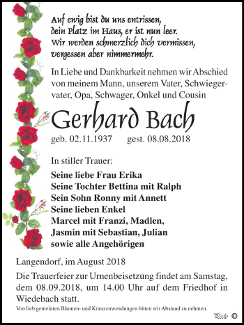 Traueranzeige von Gerhard Bach von Mitteldeutsche Zeitung Weißenfels
