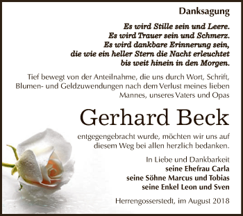 Traueranzeige von Gerhard Beck von WVG - Wochenspiegel NMB / WSF / ZTZ