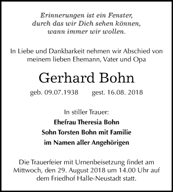 Traueranzeige von Gerhard Bohn von Mitteldeutsche Zeitung Halle/Saalkreis