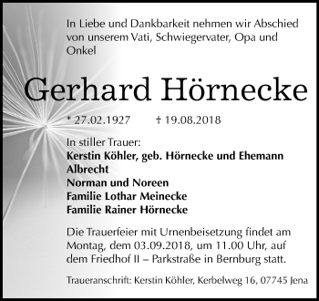 Traueranzeige von Gerhard Hörnecke von Mitteldeutsche Zeitung Bernburg