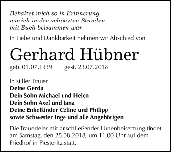 Traueranzeige von Gerhard Hübner von Mitteldeutsche Zeitung