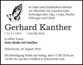 Traueranzeige von Gerhard Kanther von Mitteldeutsche Zeitung Halle/Saalkreis