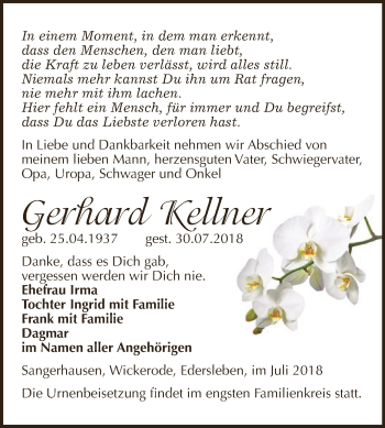 Traueranzeige von Gerhard Kellner von Super Sonntag SGH Mansf. Land