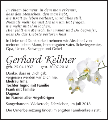 Traueranzeige von Gerhard Kellner von Mitteldeutsche Zeitung Sangerhausen