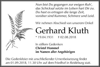 Traueranzeige von Gerhard Kluth von Mitteldeutsche Zeitung Halle/Saalkreis