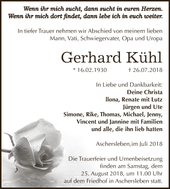 Traueranzeige von Gerhard Kühl von Super Sonntag Aschersleben
