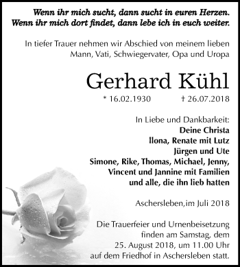 Traueranzeige von Gerhard Kühl von Mitteldeutsche Zeitung Aschersleben