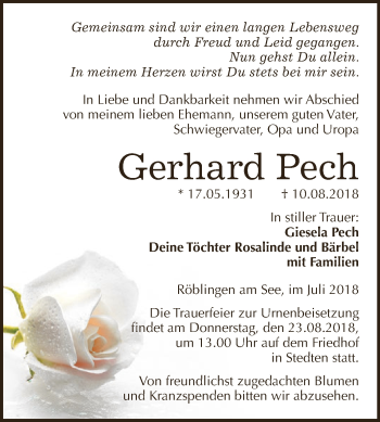 Traueranzeige von Gerhard Pech von Super Sonntag SGH Mansf. Land
