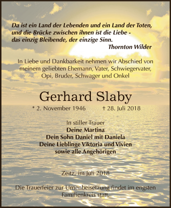 Traueranzeige von Gerhard Slaby von Super Sonntag Zeitz