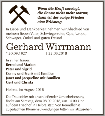 Traueranzeige von Gerhard Wirrmann von Wochenspiegel Mansfelder Land