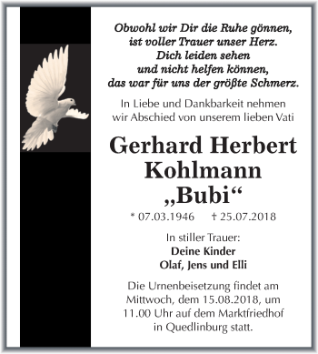 Traueranzeige von Gerhard Herbert Kohlmann von Mitteldeutsche Zeitung