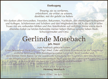 Traueranzeige von Gerlinde Mosebach von WVG - Wochenspiegel Dessau / Köthen