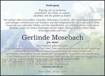 Traueranzeige von Gerlinde Mosebach von Mitteldeutsche Zeitung Köthen