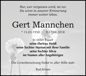 Traueranzeige von Gert Mannchen von Mitteldeutsche Zeitung