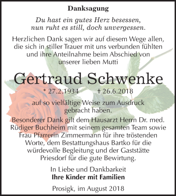 Traueranzeige von Gertraud Schwenke von Mitteldeutsche Zeitung Köthen