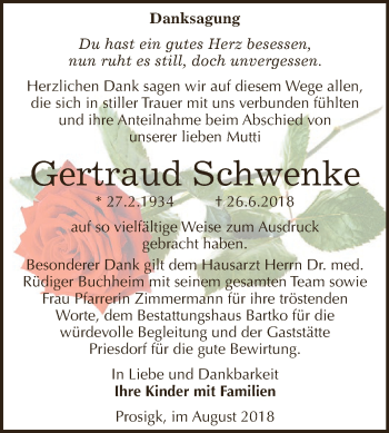 Traueranzeige von Gertraud Schwenke von WVG - Wochenspiegel Dessau / Köthen