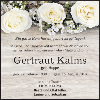 Traueranzeige von Gertraut Kalms von Mitteldeutsche Zeitung