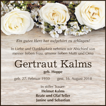 Traueranzeige von Gertraut Kalms von Super Sonntag Zeitz