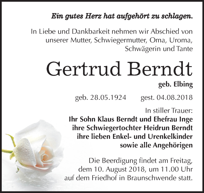  Traueranzeige für Gertrud Berndt vom 08.08.2018 aus Mitteldeutsche Zeitung