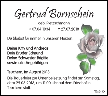 Traueranzeige von Gertrud Bornschein von Mitteldeutsche Zeitung Weißenfels