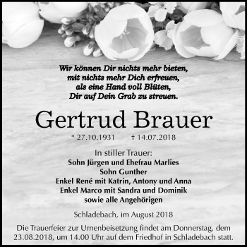 Traueranzeige von Gertrud Brauer von Mitteldeutsche Zeitung Merseburg/Querfurt