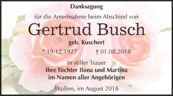 Traueranzeige von Gertrud Busch von WVG - Wochenspiegel Bitterfeld