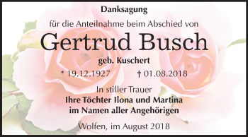 Traueranzeige von Gertrud Busch von Mitteldeutsche Zeitung Bitterfeld