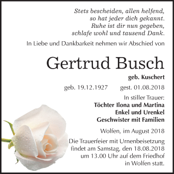Traueranzeige von Gertrud Busch von Mitteldeutsche Zeitung Bitterfeld