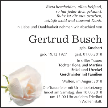 Traueranzeige von Gertrud Busch von WVG - Wochenspiegel Bitterfeld
