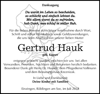 Traueranzeige von Gertrud Hauk von Mitteldeutsche Zeitung Sangerhausen