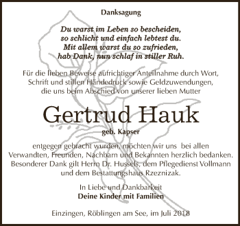 Traueranzeige von Gertrud Hauk von WVG - Wochenspiegel SGH