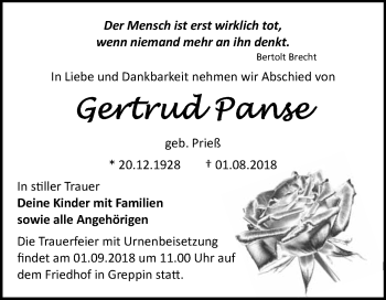 Traueranzeige von Gertrud Panse von WVG - Wochenspiegel Bitterfeld